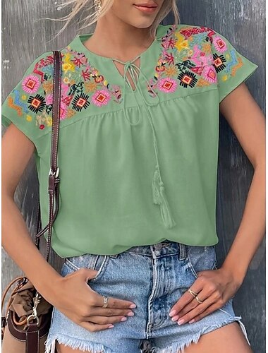  Mujer Camisa Blusa Floral Bohemia Elegante Casual Manga Corta Escote en Pico Tops regulares Diario corbata frontal Retazos Bordado Blanco Verde Trébol Verano Primavera Otoño