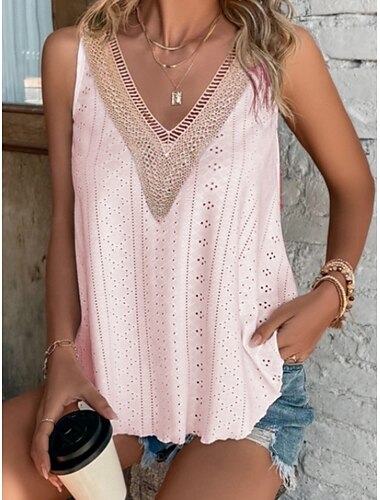  Women's Camisole Tank Top Solid Color Stylish Casual Sleeveless V Neck Regular Tops Daily Lace Patchwork White Yellow Pink Summer