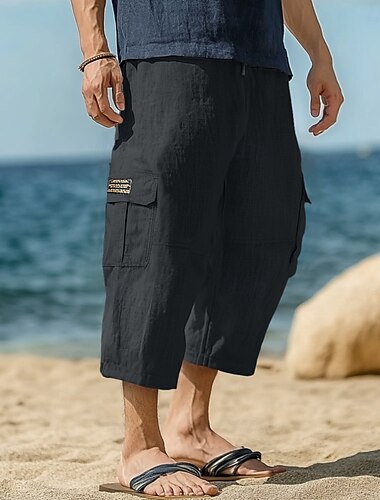  Herren Capri-Cargo-Shorts Leinenshorts Kurze Hosen Sommer-Shorts Strandshorts Kurze Hosen Kordelzug Elastische Taille Multi Pocket Glatt Komfort Atmungsaktiv Knielänge Yoga Festtage Strand Urlaub
