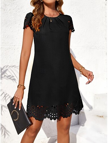  Femme Mini robe robe noire Robe casual basique Décontractées Vacances du quotidien Standard Plein Manche Courte Col Ras du Cou Noir Jaune Rose Claire Bleu Eté