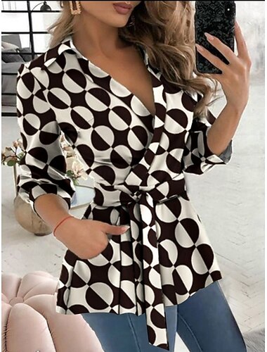  Dame Bluse Geometrisk Elegant Stilfull Grunnleggende Langermet V-hals Vanlige topper Daglig Blondér Trykt mønster Svart og Hvit Svart Hvit Blå Grønn Sommer Vår Høst