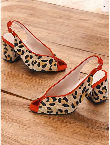  Zapatos de tacón de aguja con punta abierta y estampado de leopardo para mujer, con ribete rojo y tacón de bloque para fiestas de estilo retro y ropa de noche