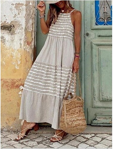  Women's Beach Dress Beach Wear Long Dress Maxi Dress Patchwork Print Elegant Tropical Stripe Spaghetti Strap Sleeveless Loose Fit Outdoor Vacation Ash 2023 Summer Spring S M L XL