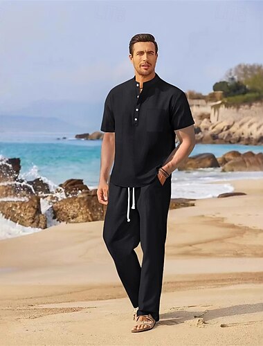  Herren Leinen-Set 2 Stück Hemden-Set Sommer-Set Passende Sets Glatt Urlaub Täglich Schwarz Weiß Dunkelmarine Kurzarm Stehkragen Sommer Bekleidung