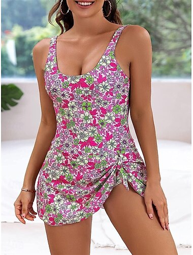  Maillots de bain pour femmes Robes de bain Tankini deux pièces dos nu Contrôle du ventre Taille haute Slim Vacances Plage Vêtements Floral U Cou Sans manches Maillots de bain