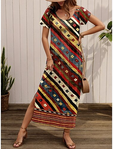  Damen Maxi Kleid Lässiges Kleid Sommerkleid Shift Kleid Stylisch Lässig Urlaub Täglicher Reguläre Passform Grafik Geometrisch Streifen Kurzarm Rundhalsausschnitt Weinausschuss Sommer Frühling