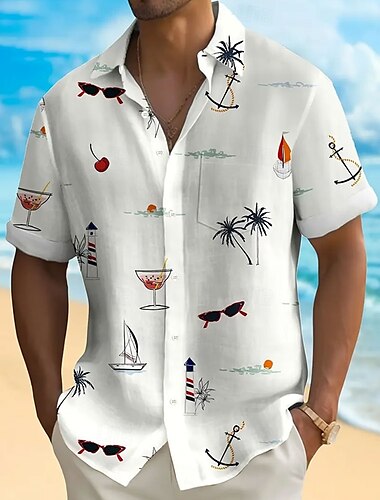  Voor heren Kokosnootboom Tropische planten Hawaiiaans overhemd Overhemd met knopen Aloha-shirt Korte mouw Hawaii Toevlucht Vakantie Feestdagen Strand Kleding Zomer Lente Strijkijzer shirts met kraag