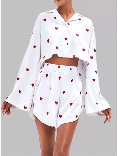  Damen Elegant Modisch Strassenmode Hemd Bluse Baggy Shorts Kurze Hosen Langarm Hemdkragen Herz Valentinstag Arbeit Casual Weiß Sommer Regular Fit