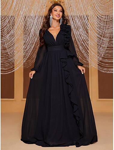  A-Linie Abendkleider Elegant Kleid Formal Hochzeit Boden-Länge Langarm V Ausschnitt Chiffon mit Rüschen Schulterblume 2025