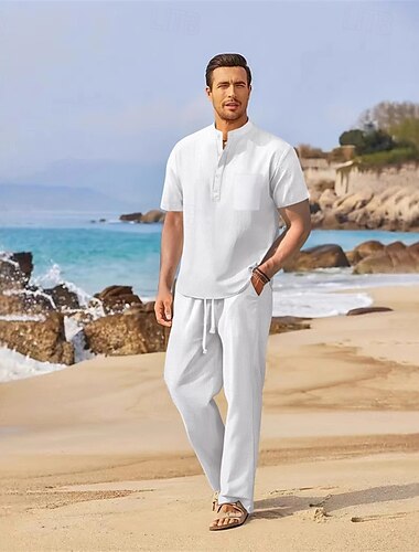  Hombre Juego de lino 2 Piezas Conjunto de camisa conjunto de verano Conjuntos a juego Plano Vacaciones Diario Negro Blanco Azul Marino Oscuro Manga Corta Cuello alto Verano Ropa