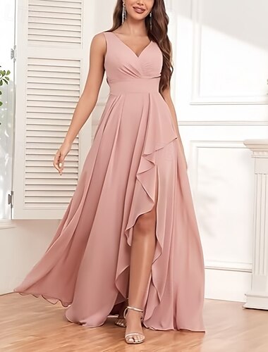  A-Linie Brautjungfernkleid V Ausschnitt Ärmellos Elegant Bodenlang Chiffon mit Rüschen / Geteilter Vorderteil / Raffung 2022