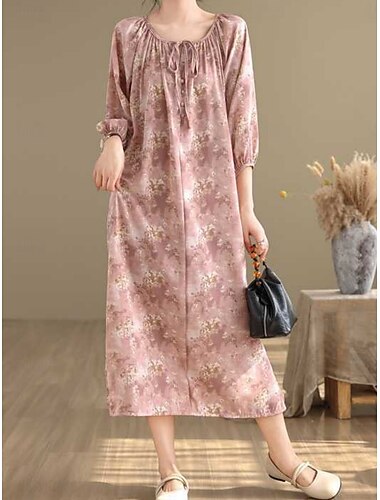  Damen Maxikleid Baumwoll-Leinen-Kleider Freizeitkleid Schwingkleid Maxikleid aus Baumwolle Basic Lässig Urlaub Täglich Normale Passform Blumen Langarm Rundhalsausschnitt Rosa Grün Sommer