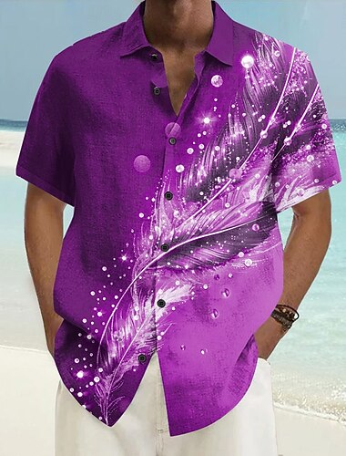  Herren Funkelnder Glitzer Feder Hemd Knopfhemd Kurzarm Vintage-Retro Urlaub Casual Sommer Frühling Umlegekragen 3D-Druck Hemden mit Kragen Purpur Grün Dunkelblau