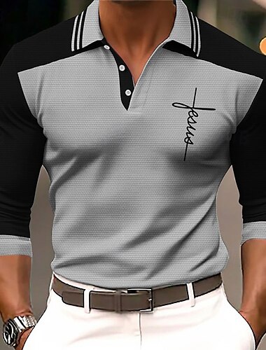  Herren Glaube Poloshirts Golfshirt Langarm Polo-Shirts Hemden mit Kragen Arbeitskleidung Formelle Kleidung Festivalkleidung Knöpfe 3D-Druck Herbst Winter Blau Purpur Orange