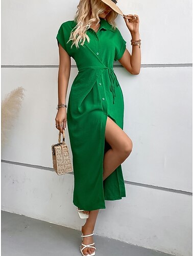  Damen Midikleid blusenkleid Casual kleid Wickelkleid Stilvoll Basic Brautkleider schlicht Urlaub Täglich Regular Fit Glatt Kurzarm Hemdkragen Schwarz Grün Sommer Frühling