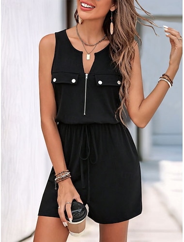  Mujer Normal Mono Activo Color sólido Sin Mangas Escote Redondo Cremallera Bolsillo Vacaciones Diario Ajuste regular Negro Verano