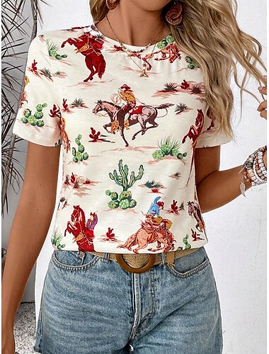  Damen T Shirt Pferd Brautkleider schlicht Kurzarm Rundhalsausschnitt Normale Oberteile Täglich Bedruckt cremefarben Sommer