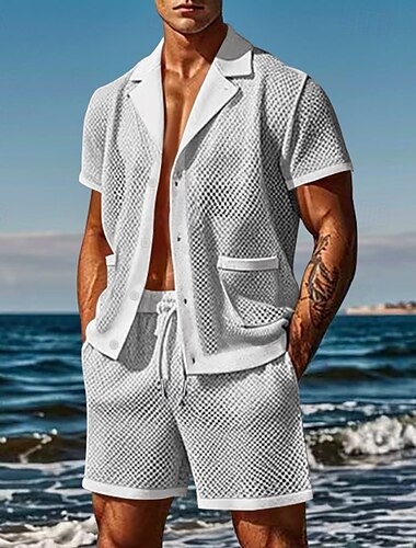  Hombre 2 Piezas Conjunto de camisa conjunto de verano Conjuntos a juego Camisa casual Abotonar la camisa Plano Vacaciones Diario Negro Blanco Azul Real Verde Trébol Manga Corta Cuello Verano Ropa