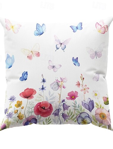  Dekorativer Kissenbezug mit Schmetterlingen und Blumenmuster, 1 Stück, weicher, quadratischer Couchkissenbezug für Schlafzimmer, Wohnzimmer, Sofa, Stuhl, Frühling, Sommer