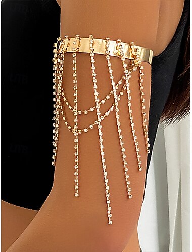  Bracelet manchette en chaîne dorée pour femme – élégant bijou de bras réglable avec pompons en strass et chaînes pendantes pour fêtes et occasions spéciales