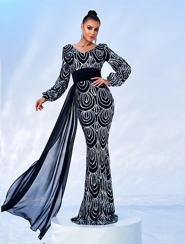  Abito da Sera Sirena  Tromba Abito Elegante Formale Matrimonio Lunghezza Piena Manica Lunga Collo a V Paillettes con Frange di Glitter