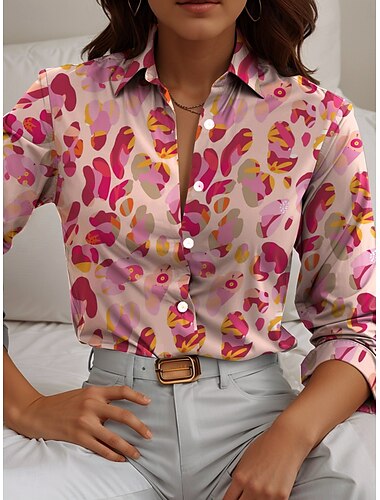  Damen Hemd Leopard Lässig Langarm Hemdkragen Normale Oberteile Täglich Knöpfe Druck Rosa Frühling Herbst Winter