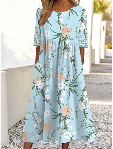  Femme Robe mi-longue Robe casual Elégant mode Décontractées Vacances du quotidien Standard Floral Manche Courte Col Ras du Cou Vert Claire Rouge Bleu Ciel Bleu clair Eté Printemps