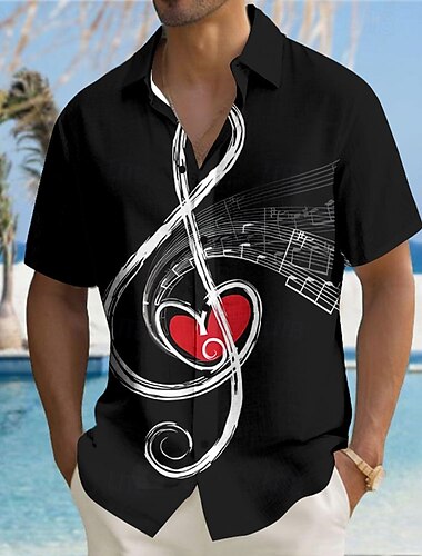  Voor heren Hart Muziek noten Overhemd Overhemd met knopen Korte mouw Mode-casual Lahja Feestdagen Festival Zomer Lente Strijkijzer 3D-afdrukken shirts met kraag Zwart