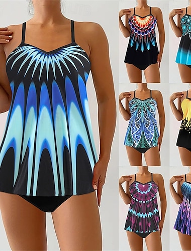  Femme Tankini Maillot De Bain Deux Pièces Col en V Maillots de Bain Maillots de Bain Jaune Bleu Roi Respirable Séchage rapide Poids Léger Sans Manches - Natation Surf Plage Eté Printemps Grande Taille