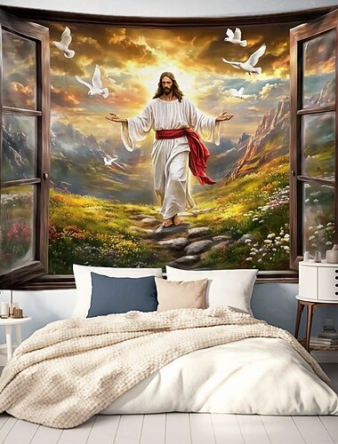  Hängender Wandteppich Jesus Fenster Wandkunst Großer Wandteppich Wandmalerei Dekor Fotografie Hintergrund Decke Vorhang Heim Schlafzimmer Wohnzimmer Dekoration