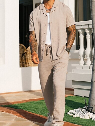  Hombre 2 Piezas Conjunto de camisa conjunto de verano Conjuntos a juego Camisa casual Camisa de Pana Plano Vacaciones Diario Caqui Manga Corta Cuello Verano Ropa