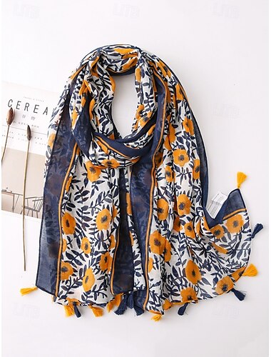  Leichter Schal mit Blumenmuster und Quastendetails, Wickeltuch im Boho-Chic-Stil für Damen, perfekt für Frühling, Sommer und lässige Outfits