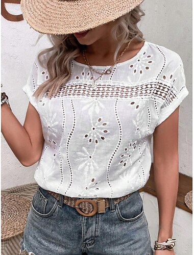  Mujer Camisa Blusa Color sólido Elegante Casual Manga Corta Cuello Barco Tops regulares Diario Bordado Ojal Blanco Verano Primavera Otoño