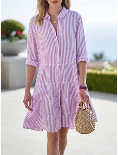  Femmes Mini Robe Robes en coton et lin Robe Chemise Robe Décontractée Occasionnel Vacances Quotidien Coupe régulière Rayure Manche 3/4 Col de chemise Rose Claire Été