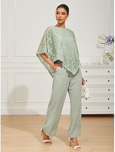  Dames Blouse Geklede topjes Effen Elegant Halve mouw Strakke ronde hals Normale tops Bruiloft gast Dagelijks Kant Lapwerk Meerlaags Grijs-Groen Zomer Lente