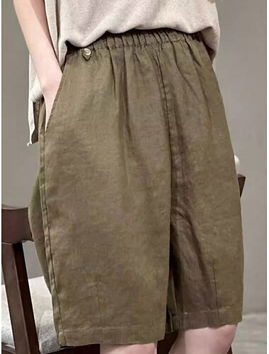  Damen Leinen-inspirierte Shorts Hose aus Baumwollleinen Weite Hosenbeine Mode Streetwear Knielang Mittlere Taillenlinie Einfach Tasche Elastischer Bund Bequem Weich Mikroelastisch Outdoor Straße