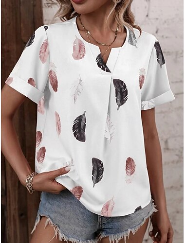  Women's Shirt Blouse Feather Stylish Casual Short Sleeve Notched Neck Regular Tops Daily Print White Pink Summer Spring