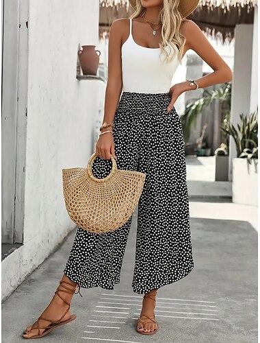  Damen Breites Bein Chinesisch Chino Modisch Strassenmode In voller Länge Hoher Taillenbund Punkt Tasche Elastischer Bund Bedruckt Bequem Weich Komfortabel Mikro-elastisch Outdoor Strasse Schwarz Rote
