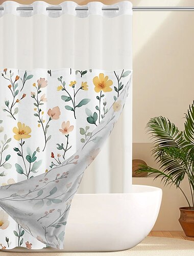  Blumen Waben-Webart Texturierter Duschvorhang Set 200cm hoch waschbar mit Snap-in Liner durchsichtigen Fenster wasserabweisendem Ösen oben 120GSM Hotelqualität  Badezimmer Trennwand keine Haken