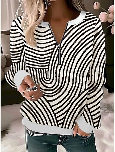  Damen Pullover Sweatshirts mit Reißverschluss Gestreift Abstrakt Aktiv Sportbekleidung Langarm V Ausschnitt Normale Oberteile Casual Festtage Viertel Postleitzahl Schwarz Frühling Herbst