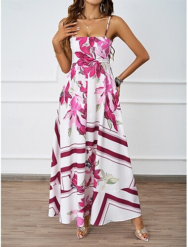  Damen Maxidress Casual kleid Boho Chic Kleider Böhmen Kuschelig Stilvoll Urlaub Täglich Strand Lockere Passform Blumen Geometrisch Ärmellos Gurt Blau Fuchsie Sommer