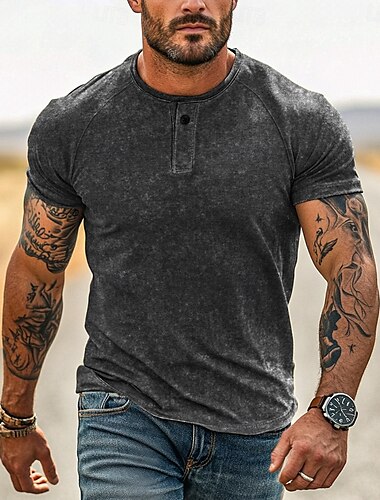  男性用 ヘンリーシャツ Tシャツ 半袖 純色 平織り 苦しめられた ボタン 洗浄済み ヘンリー アウトドア カジュアル 日常 夏 春 & 秋 ブラック ネイビーブルー グリーン ヘンリーTシャツ
