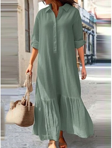  Femmes Robe maxi Robes en coton et lin Robe Chemise Robe Décontractée Basique Occasionnel Vacances Quotidien Coupe régulière Uni manche longue Col en V Rose Claire Vert Kaki Bleu de minuit Ét