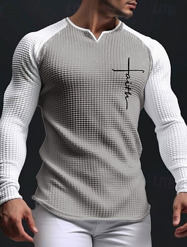  男性用 グラフィック レタード 信仰 Tシャツ ラグランTシャツ ワッフルTシャツ 長袖 Tシャツ 3Dプリント Ｖネック シャツ 日常 クラシック 屋外 スポーツ・アウトドア カジュアル お出かけ ホワイト ブラウン ダークブルー 春 & 秋 衣類 S M L XL 2XL 3XL