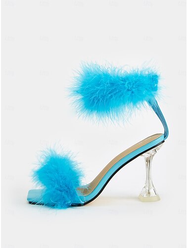  sandales à talons hauts ornées de plumes turquoise avec talon aiguille transparent pour femmes – parfaites pour les fêtes et les événements spéciaux