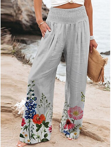  Damen Frech Chinesisch Chino Urlaub Vintage Modisch In voller Länge Hoher Taillenbund Blumen Tasche Elastischer Bund Bequem Weich Komfortabel Mikro-elastisch Outdoor Urlaub Magenta Rubinrot Rosa Grün