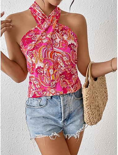  Dame Top Camisole Tank Top Paisley Stilren Casual Ermeløs Halter Neck Vanlige Topper Daglig Trykk Fuchsia Sommer