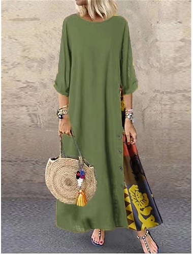  Femmes Robe maxi Robes en coton et lin Robe Décontractée ancien Élégant Ethnique Vacances Quotidien Coupe Ample Fleuri Manche 3/4 Col ras du cou Jaune Vin Kaki Vert Véronèse Printemps Automne