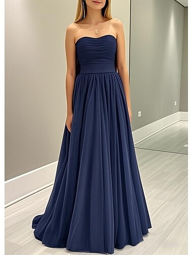  A-Line Prom Dresses Elegant Dress Formal Prom Sweep / Brush Train Sleeveless Strapless Belt / Sash Satin with Bow(s) Pleats Ruched