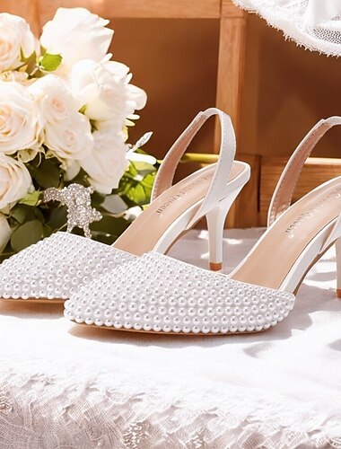  Zapatos de mujer de tacón blanco con tira trasera y adornos de perlas: zapatos de novia o de fiesta con punta puntiaguda